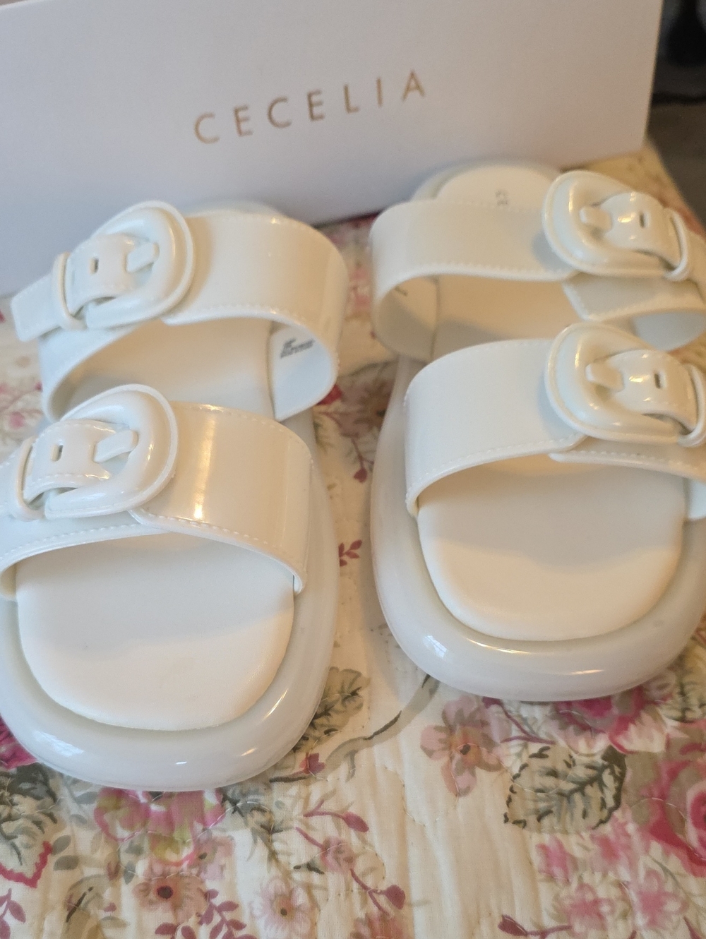 CECILIA NEW YORK White Patent Dual-Buckle Slide Sandals